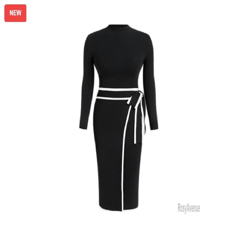 Long Sleeve Mock Turtleneck Sweater Dress Midi Work Dress Slim Fit - Picture 2 of 8